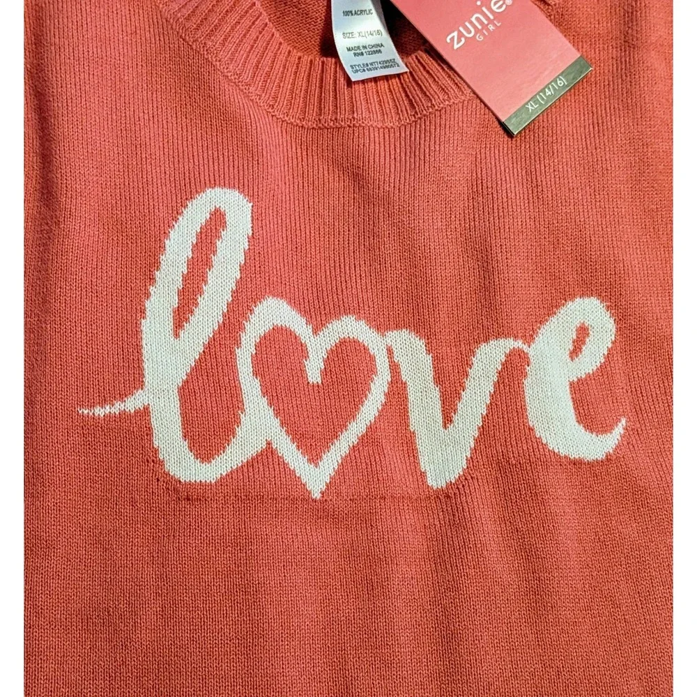 Zunie Girl Pink Love Heart Sweater XL 14 16 Acrylic Kids Long‎ Sleeve NWT